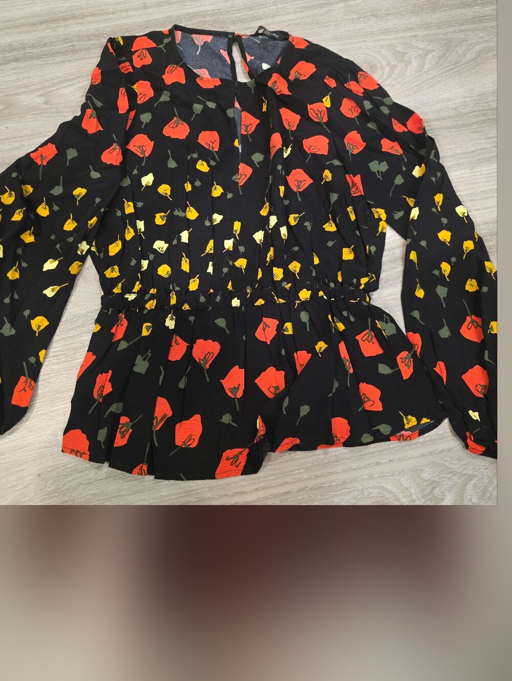 Banana Republic Black Blouse with Red & Yellow Floral Print